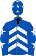 Royal blue and white chevrons, white stars on sleeves, royal blue cap, white stars