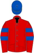 Red, two royal blue armlets and cap