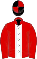 Red, white stripe, black and red quartered cap