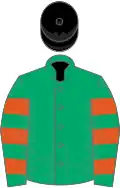 Jade green, flame hooped sleeves, black cap