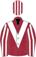 Maroon, white chevron, striped sleeves and cap