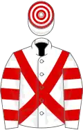 White, red cross-belts, hooped sleeves, white cap