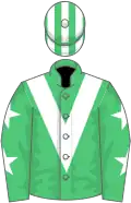 Emerald green, white chevron, emerald green sleeves, white stars, striped cap