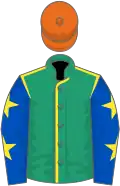 Emerald green, yellow seams, royal blue sleeves, yellow stars, orange cap