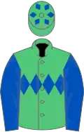Emerald green, royal blue triple diamond, sleeves and diamonds on cap