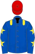 Royal blue, yellow epaulettes, yellow stars on sleeves, red cap