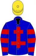Blue, red cross of lorraine, hooped sleeves, yellow cap