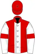 Red, white stripe, white sleeves, red armlets, red cap