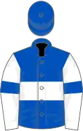 Royal blue, white hoop, white sleeves, royal blue armlet, royal blue cap