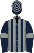 Dark blue and grey stripes, dark blue sleeves, grey armlets, hooped cap