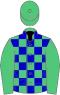 Emerald green and blue check, green sleeves and cap