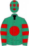 Emerald green, red disc, hooped sleeves and spots on cap