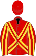 Red, yellow double X, red and yellow striped sleeves, red cap