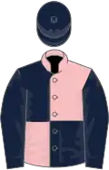 Pink and dark blue quartered, dark blue sleeves and cap