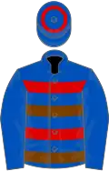 Royal blue, chocolate and red hoops, blue cap, red hoop