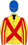 Yellow, red cross sashes, striped sleeves, royal blue cap