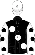 Black, large white spots, white sleeves, black spots, white cap