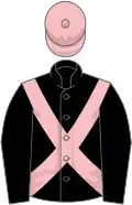 Black, pink cross-belts, pink cap