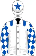 White, royal blue epaulets, diamonds on sleeves, white cap, royal blue star