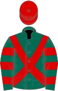 Dark green, red cross belts, hooped sleeves, red cap