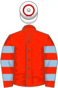 Scarlet, light blue hooped sleeves, white cap, red hoop
