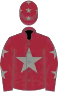 Maroon, grey star, grey stars on sleeves, maroon cap, grey stars