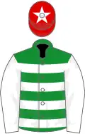Green and white hoops, white sleeves, red cap, white star