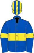 Royal blue, yellow hoop and armlets, striped cap