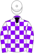 Violet and white check, white cap