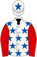 White, royal blue stars, red sleeves, white cap, royal blue star