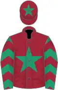 Maroon, emerald green star, emerald green sleeves, maroon chevrons, maroon cap, emerald green star