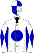 White, blue disc, diabolo on sleeves, quartered cap