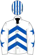 White, royal blue chevrons, white sleeves, royal blue stars, striped cap