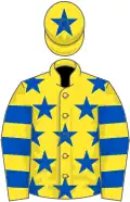 Yellow, royal blue stars, hooped sleeves, yellow cap, royal blue star