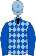 Royal blue and light blue diamonds, royal blue sleeves, light blue cap