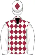 Maroon and white diamonds, white sleeves, white cap, maroon diamond