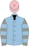 Light blue, grey and light blue hooped sleeves, pink cap