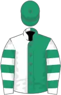 Emerald green and white halved, white and emerald green hooped sleeves, emerald green cap