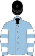 Light blue, light blue and white hooped sleeves, black cap