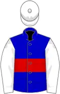 Blue, red hoop, white sleeves and cap