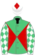 Emerald green and red diabolo, white sleeves, emerald green diamonds, white cap, red diamond