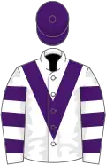 White, purple chevron, hooped sleeves, purple cap