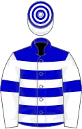 Blue and white hoops, white sleeves, blue armlets, hooped cap