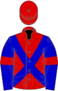 Red, blue cross-belts, blue sleeves, red armlets and cap