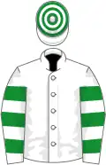 White, green hooped sleeves and cap