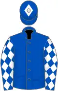 Royal blue, white diamonds on sleeves, diamond on cap