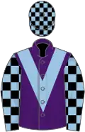 Purple, light blue chevron, black and light blue check sleeves and cap