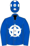 Royal blue, white star, white circle, royal blue cap, white spots