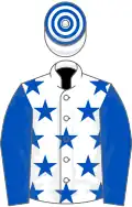 White, royal blue stars, royal blue sleeves, hooped cap