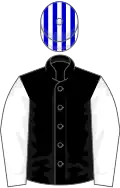 Black, white sleeves, royal blue and white striped cap